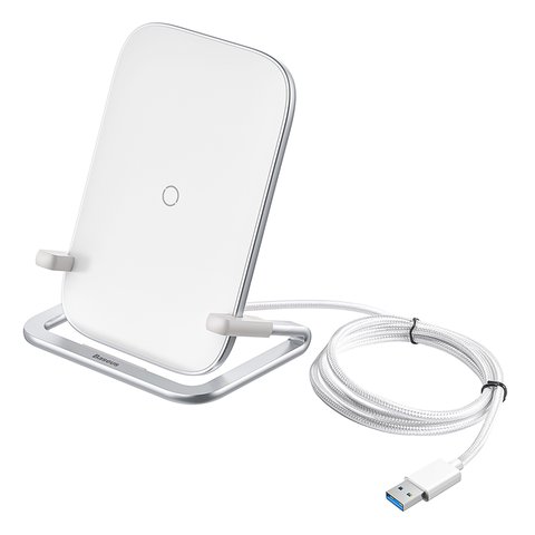Беспроводное зарядное устройство Baseus BS W502, белое, USB тип A, 15 Вт, с подставкой, #WXPG 02