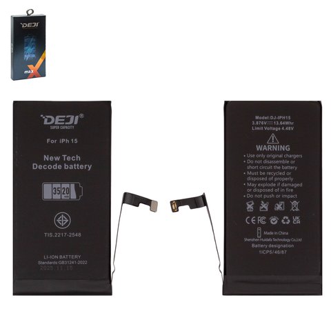 Battery Deji compatible with Apple iPhone 15, Li ion, 3.876 V, 3520 mAh, High Capacity, without error "Unknown Part", decode battery 