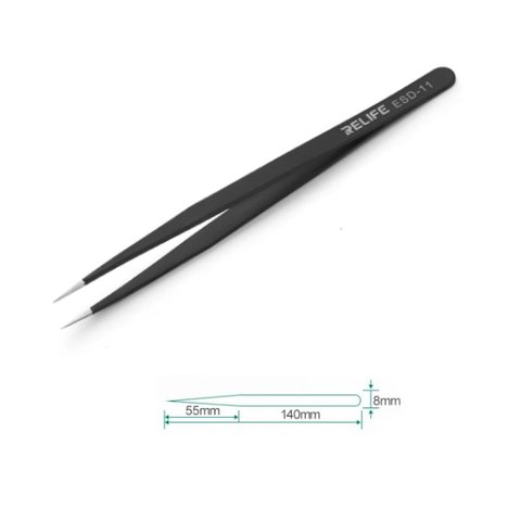 Mounting Tweezers RELIFE ESD 11, straight, antistatic, 140 mm, black