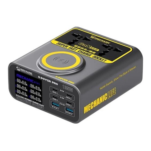 Мережевий зарядний пристрій Mechanic S Power Pro, 135 Вт, Wireless Charge, Quick Charge, Power Delivery PD , з розеткою, 6 портів, GaN