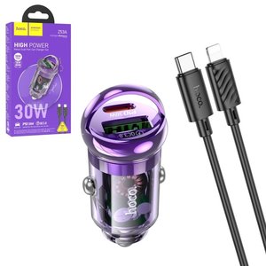 Автомобільний зарядний пристрій Hoco Z53A, фіолетове, прозоре, Power Delivery PD , з кабелем USB тип C до Lightning для Apple, 30 Вт, 2 порта, 12 24 B, #6942007611336