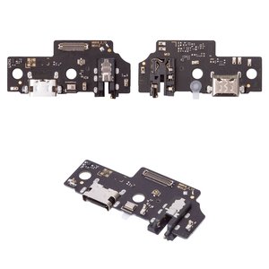 Шлейф для Samsung A055 Galaxy A05, конектора навушників, конектора зарядки, з мікрофоном, з компонентами, High Copy, плата зарядки