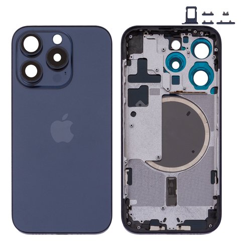 Корпус для iPhone 15 Pro, синий, с держателем SIM карты, с боковыми кнопками, Original PRC , EU Version, blue titanium